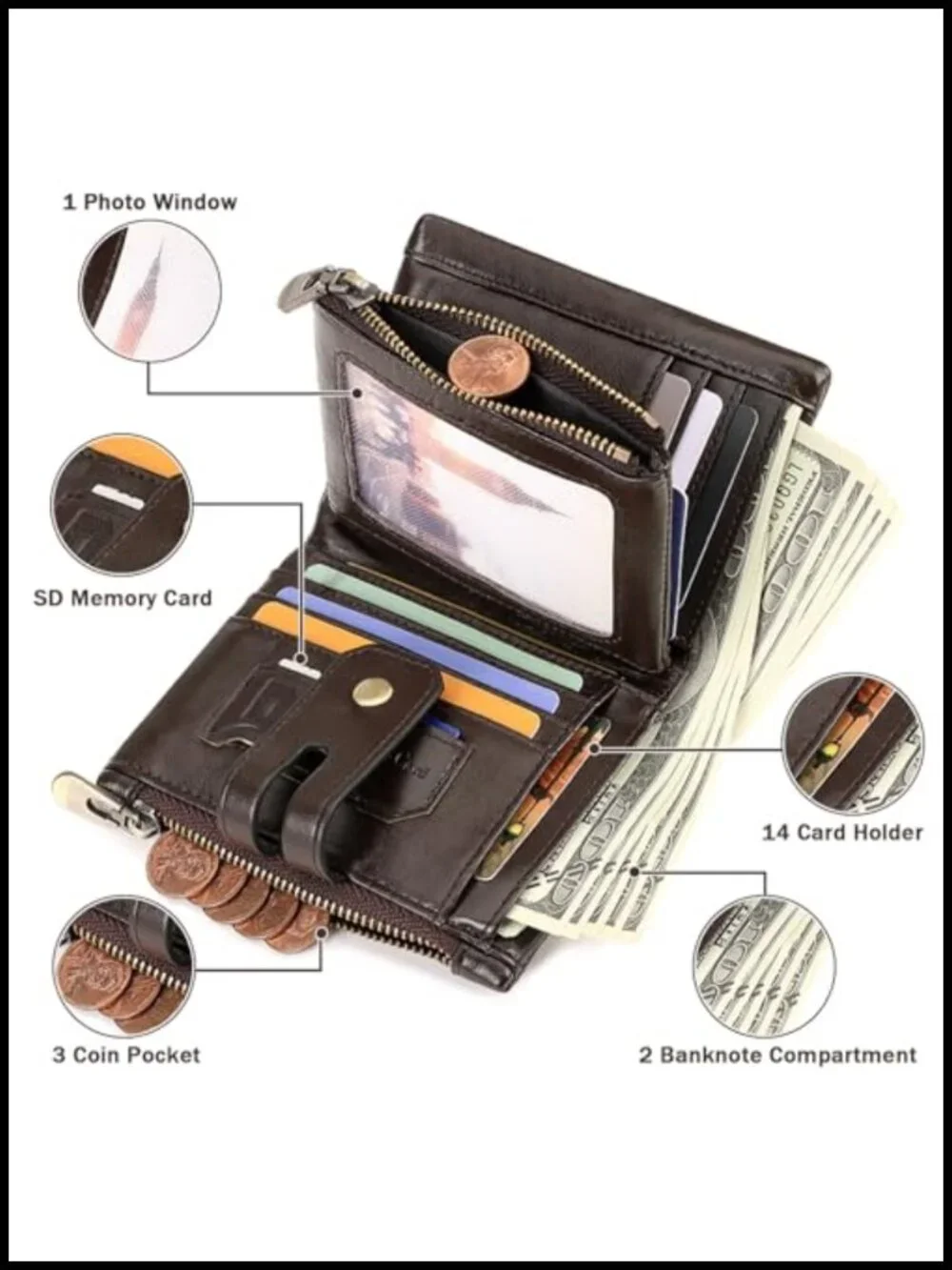 Genuine Leather Anti-Theft Wallet with Chain Men Biker Trifold RFID Wallet